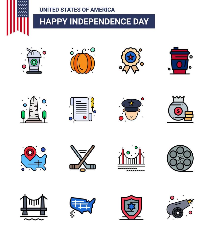 Modern Set of 16 Flat Filled Lines and symbols on USA Independence Day such as sight landmark independece usa drink Editable USA Day Vector Design Elements