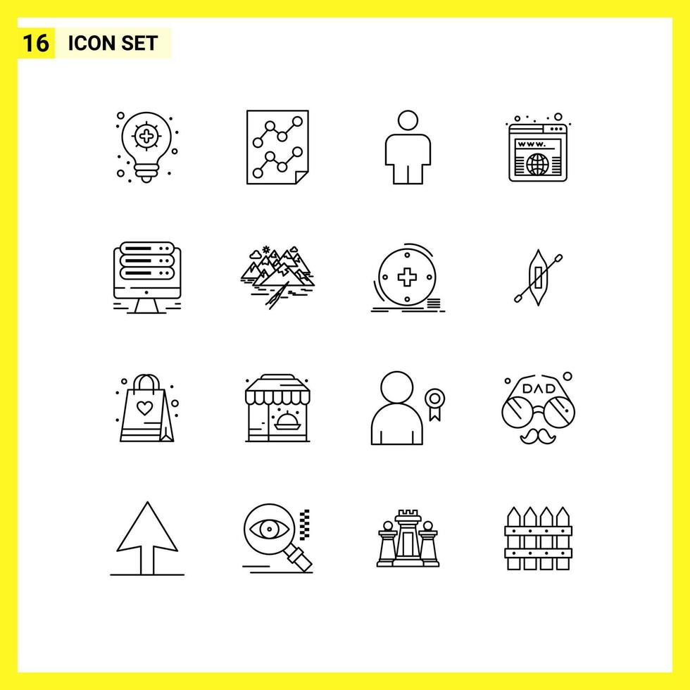 Modern Set of 16 Outlines Pictograph of web server body monitor url Editable Vector Design Elements