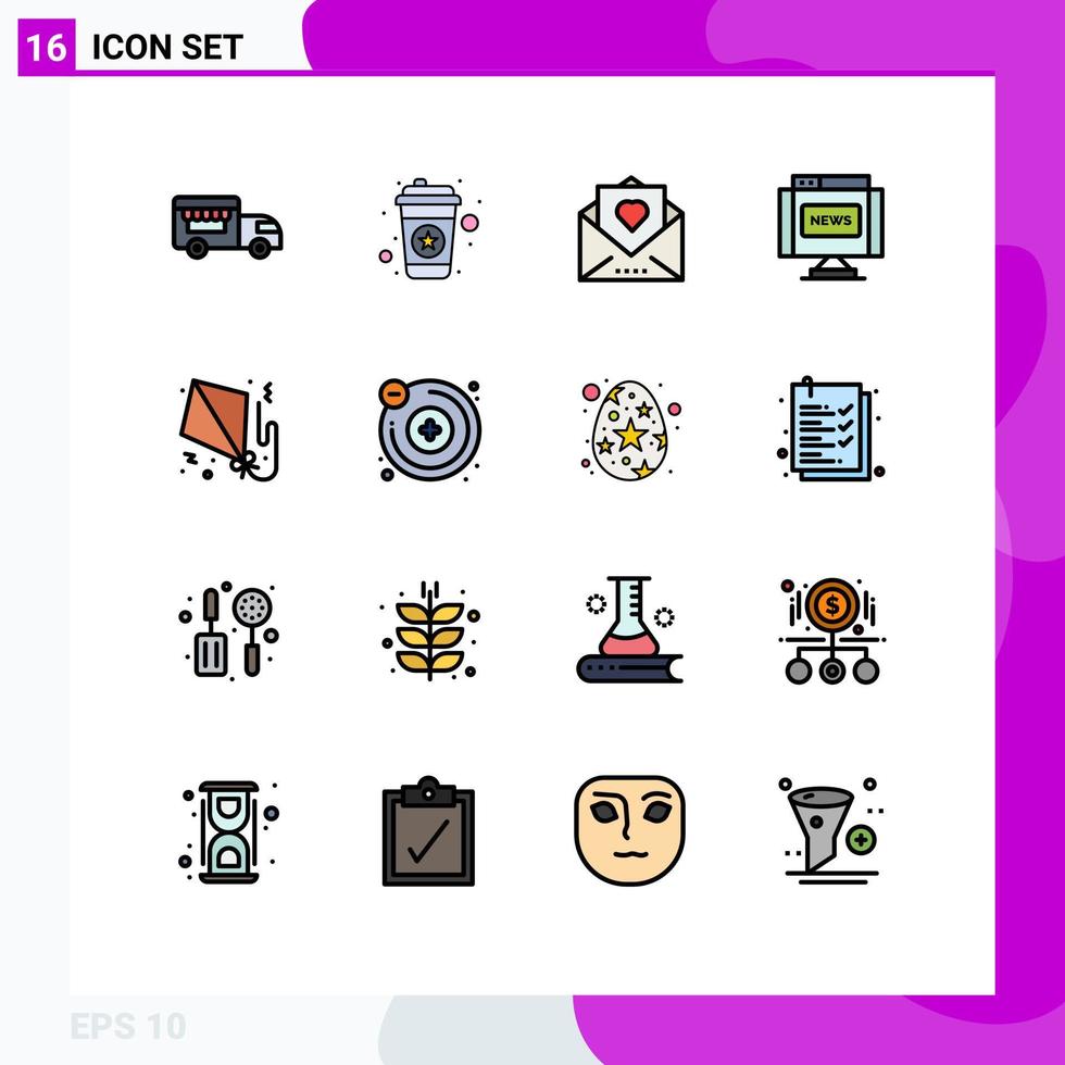 Modern Set of 16 Flat Color Filled Lines and symbols such as flying news love journal communications Editable Creative Vector Design Elements