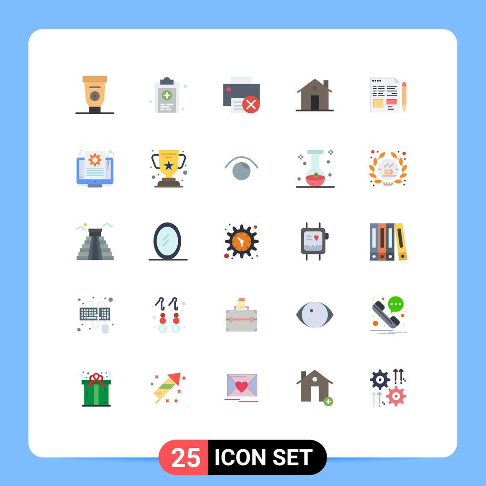 Mobile Interface Flat Color Set of 25 Pictograms of house entrance computers chimney printer Editable Vector Design Elements