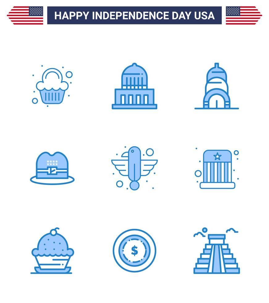 Set of 9 USA Day Icons American Symbols Independence Day Signs for eagle animal chrysler american cap Editable USA Day Vector Design Elements