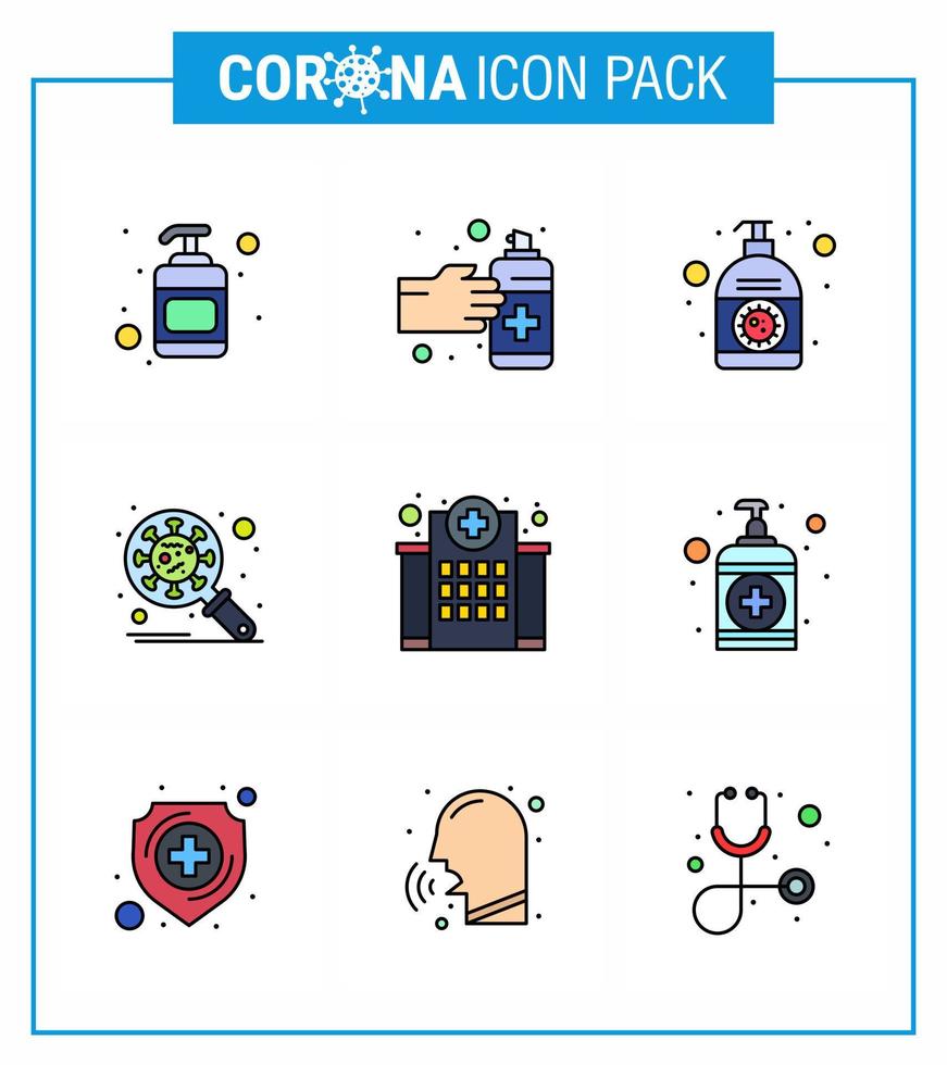 Coronavirus Prevention Set Icons 9 Filled Line Flat Color icon such as building security cream protection bacteria viral coronavirus 2019nov disease Vector Design Elements