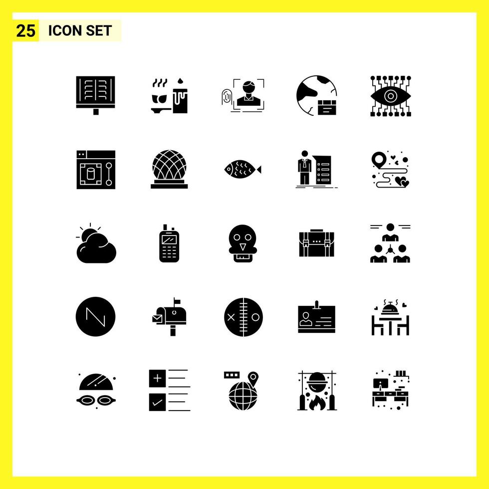 25 User Interface Solid Glyph Pack of modern Signs and Symbols of global database spa app scan Editable Vector Design Elements