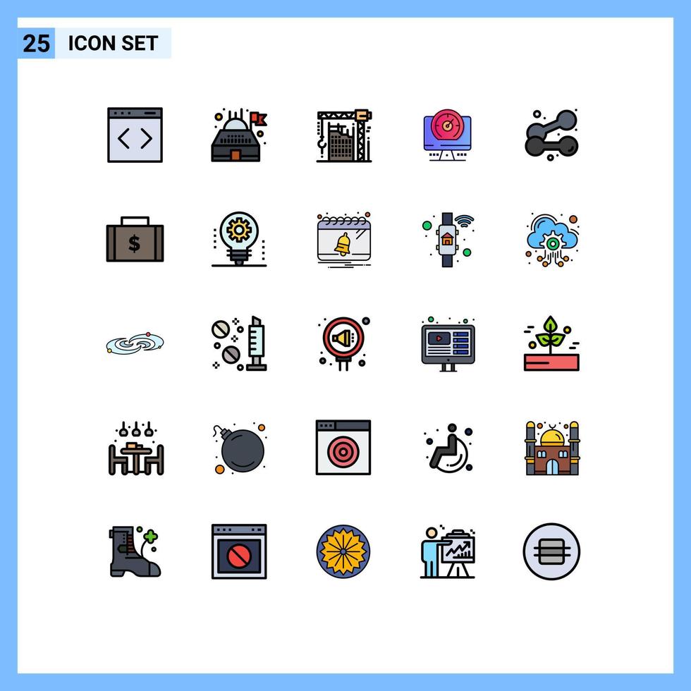 Group of 25 Filled line Flat Colors Signs and Symbols for exercise location crane timer compass Editable Vector Design Elements