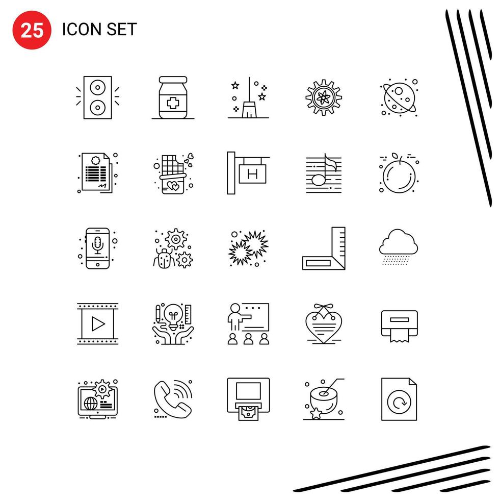 Pack of 25 Modern Lines Signs and Symbols for Web Print Media such as universe space broomstick lab gear Editable Vector Design Elements