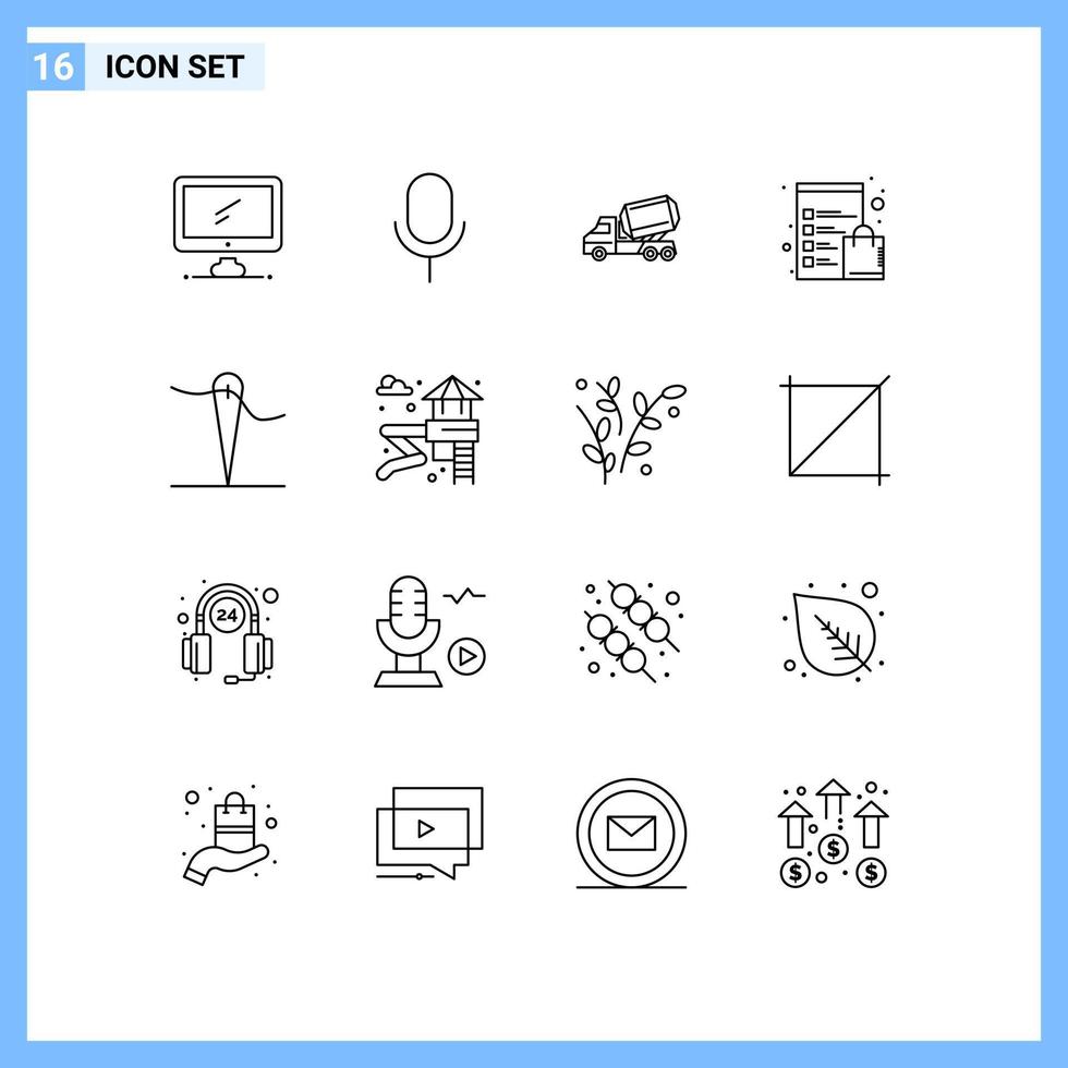 paquete de 16 signos y símbolos de contornos modernos para medios de impresión web, como el portapapeles de la tienda, la lista de verificación de la interfaz de usuario, los elementos de diseño de vectores editables del vehículo
