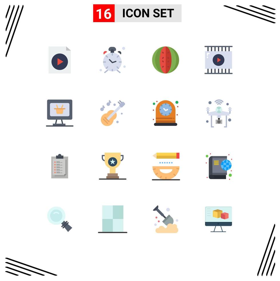 User Interface Pack of 16 Basic Flat Colors of monitor video app drink journalist video watermelon Editable Pack of Creative Vector Design Elements