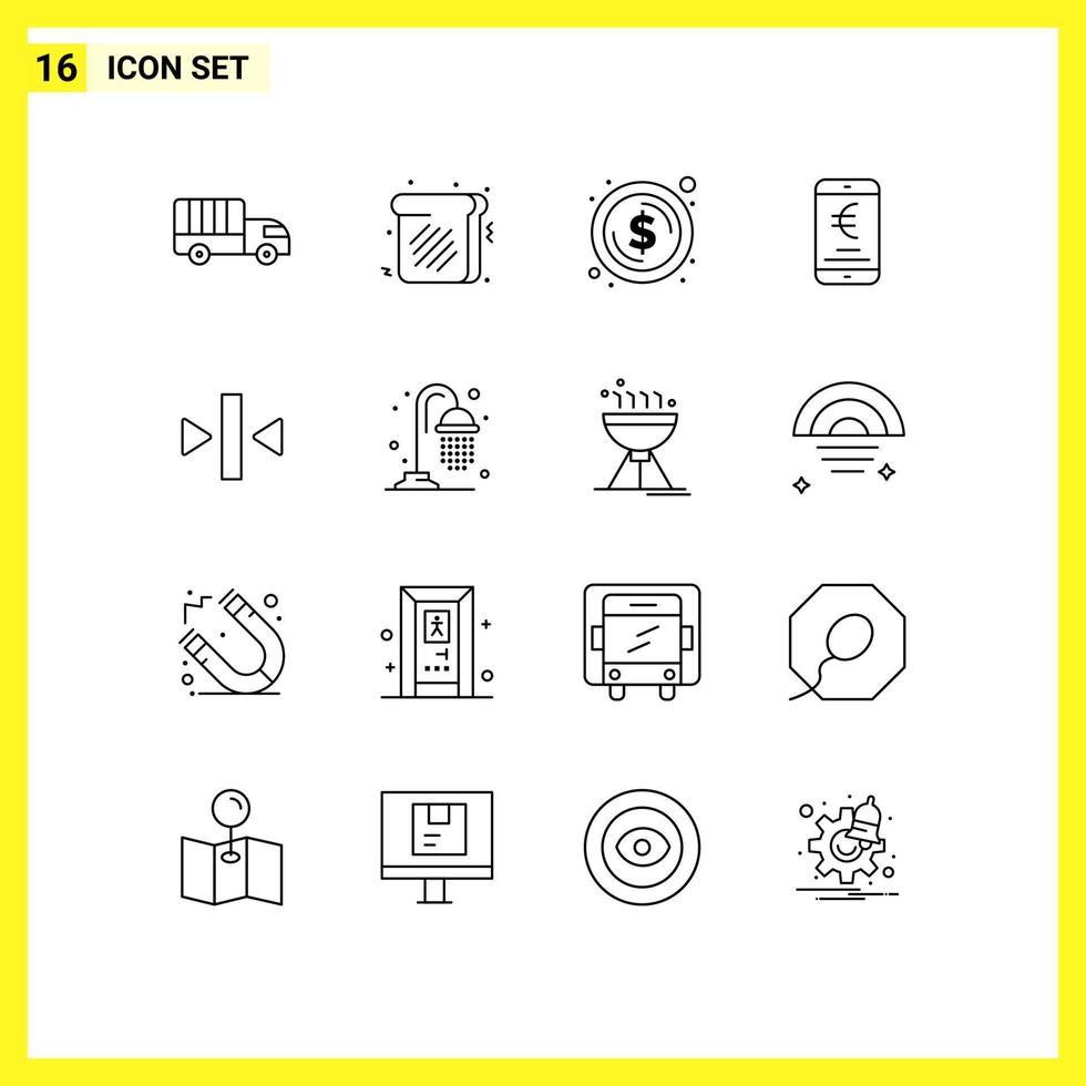 Group of 16 Outlines Signs and Symbols for pause shopping coin online payment Editable Vector Design Elements