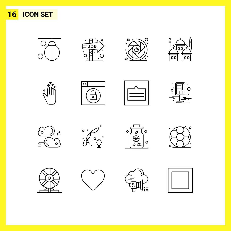 conjunto de 16 iconos modernos de la interfaz de usuario símbolos signos para rezar islam oportunidad masjid apertura de lente elementos de diseño vectorial editables vector