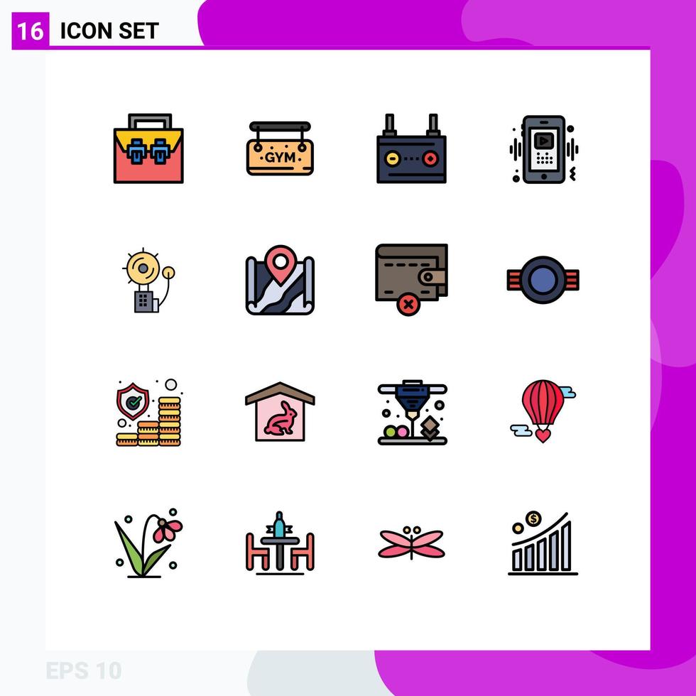 User Interface Pack of 16 Basic Flat Color Filled Lines of mobile video accumulator smart energy Editable Creative Vector Design Elements