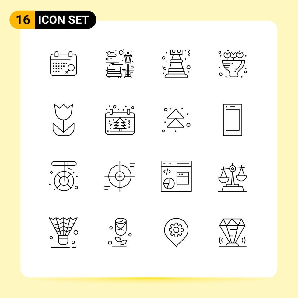 16 User Interface Outline Pack of modern Signs and Symbols of macro camera chess present bouquet Editable Vector Design Elements