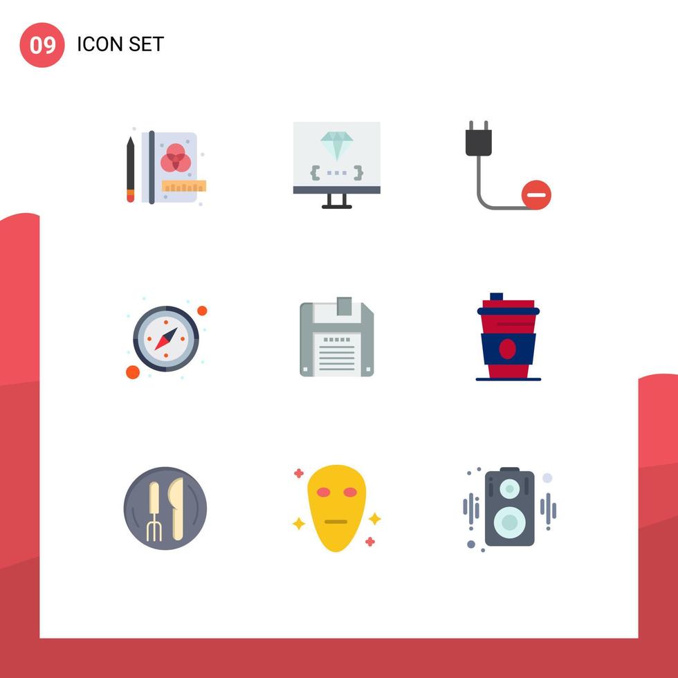 Modern Set of 9 Flat Colors and symbols such as diskette gps computers direction power Editable Vector Design Elements