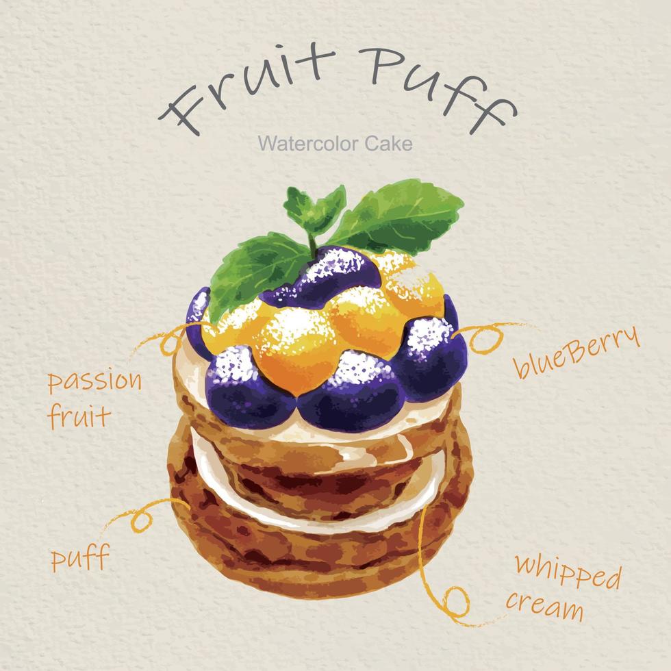 watercolor cakes with fruit puff vector