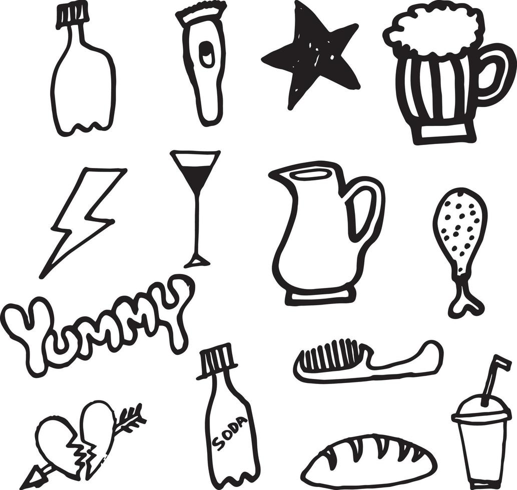 Soda Bottle, Star, Beer Glass, Water, Jug, Hair Comb, Soda Cup, Heart Break, Break, Wine Glass, Yummy, Lightening, Shaving Machine and Chicken Thigh Hand Drawn Random Doodle Icon Set. vector