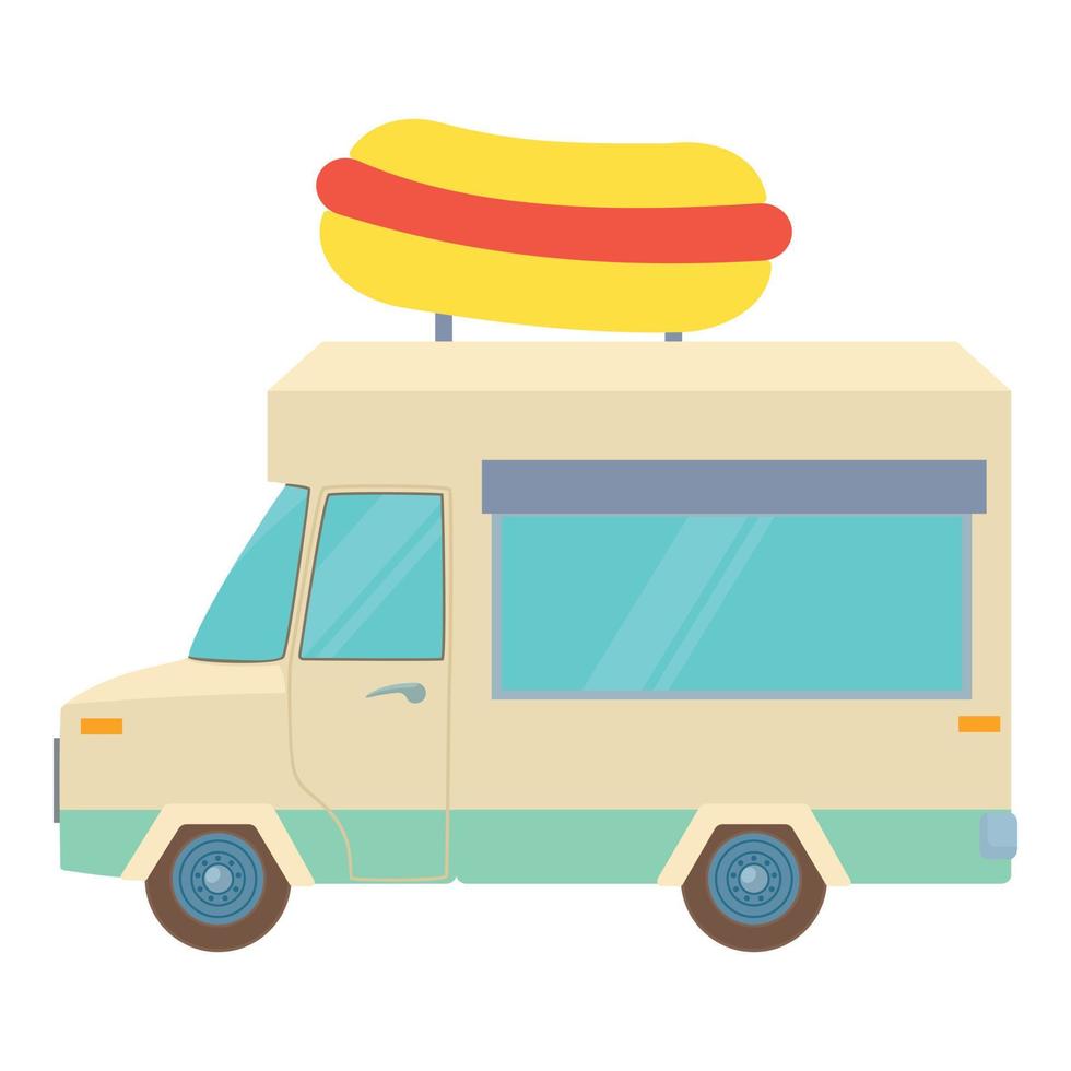 Food truck with hot dog icon, cartoon style vector
