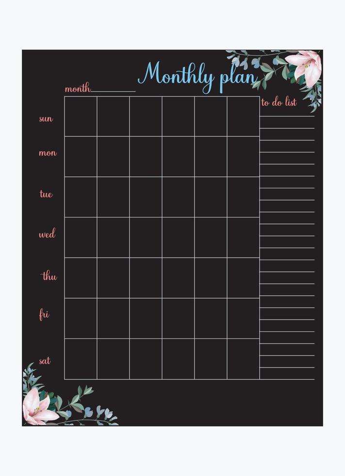 Monthly Planner With Black Background And Colorful Flower vector