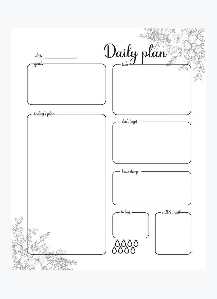 planificador diario diseño floral en blanco y negro vector