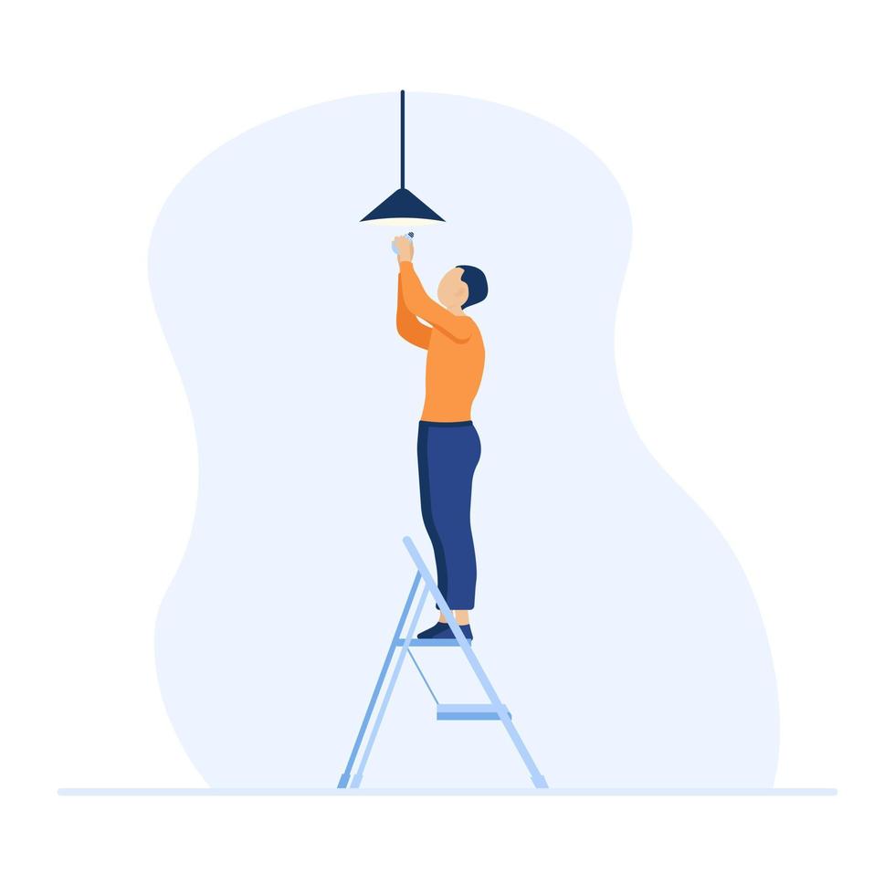 Man screws in light bulb in the chandelier. Movable ladder. Vector flat illustration