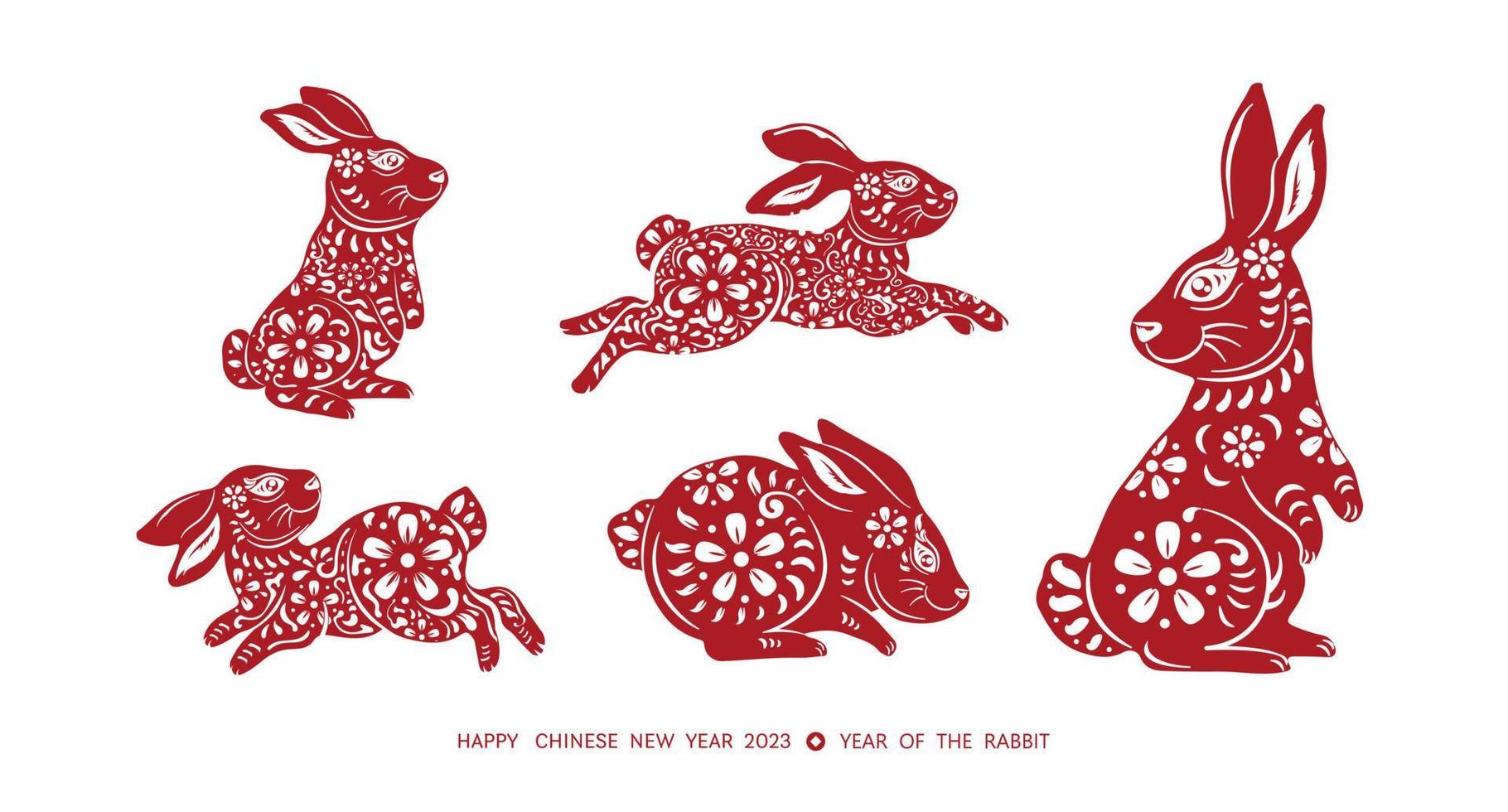 Chinese new year 2023 year of the rabbit. Set of Lunar new year red rabbit zodiac with chinese flower pattern isolated on white background design concept. Vector illustration