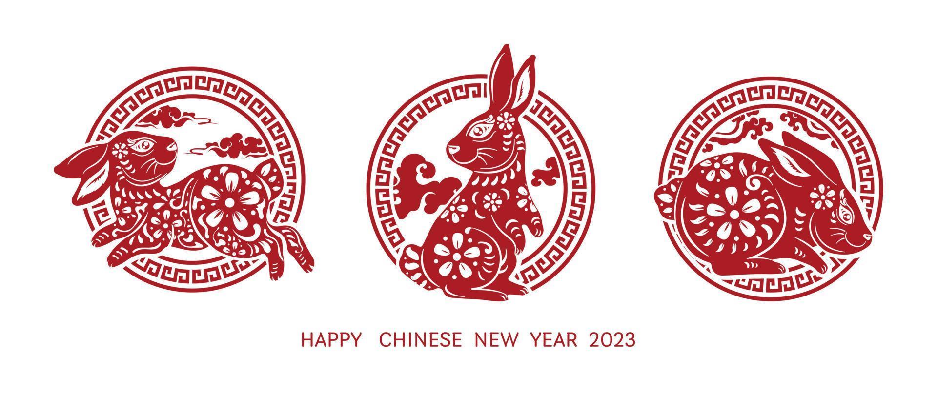 Chinese new year 2023 year of the rabbit. Set of Lunar new year red rabbit zodiac in circle sign on white background design concept. Vector illustration