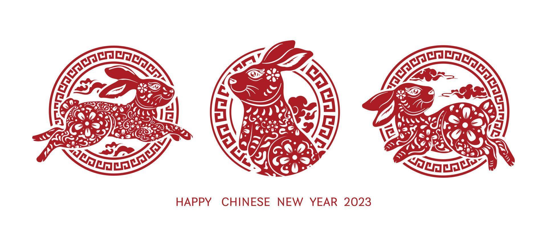 año nuevo chino 2023 año del conejo. conjunto de zodiaco de conejo rojo de año nuevo lunar en signo de círculo en el concepto de diseño de fondo blanco. ilustración vectorial vector