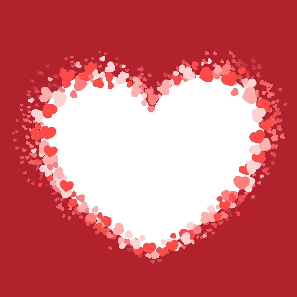 Exploding Hearts on red background. Hearts Frame border or frame for greeting and invitation card background. Happy Valentine's day Vector illustration