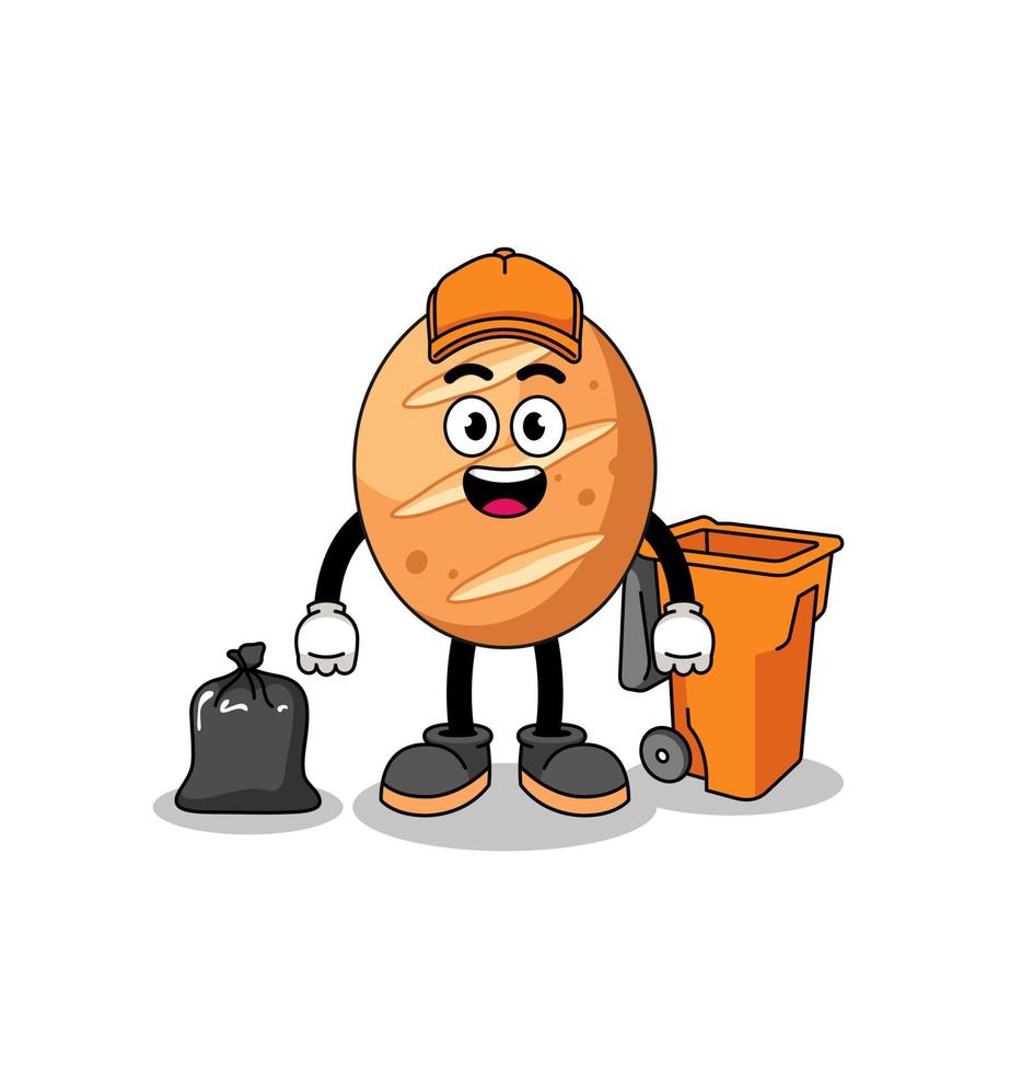 Illustration of french bread cartoon as a garbage collector vector