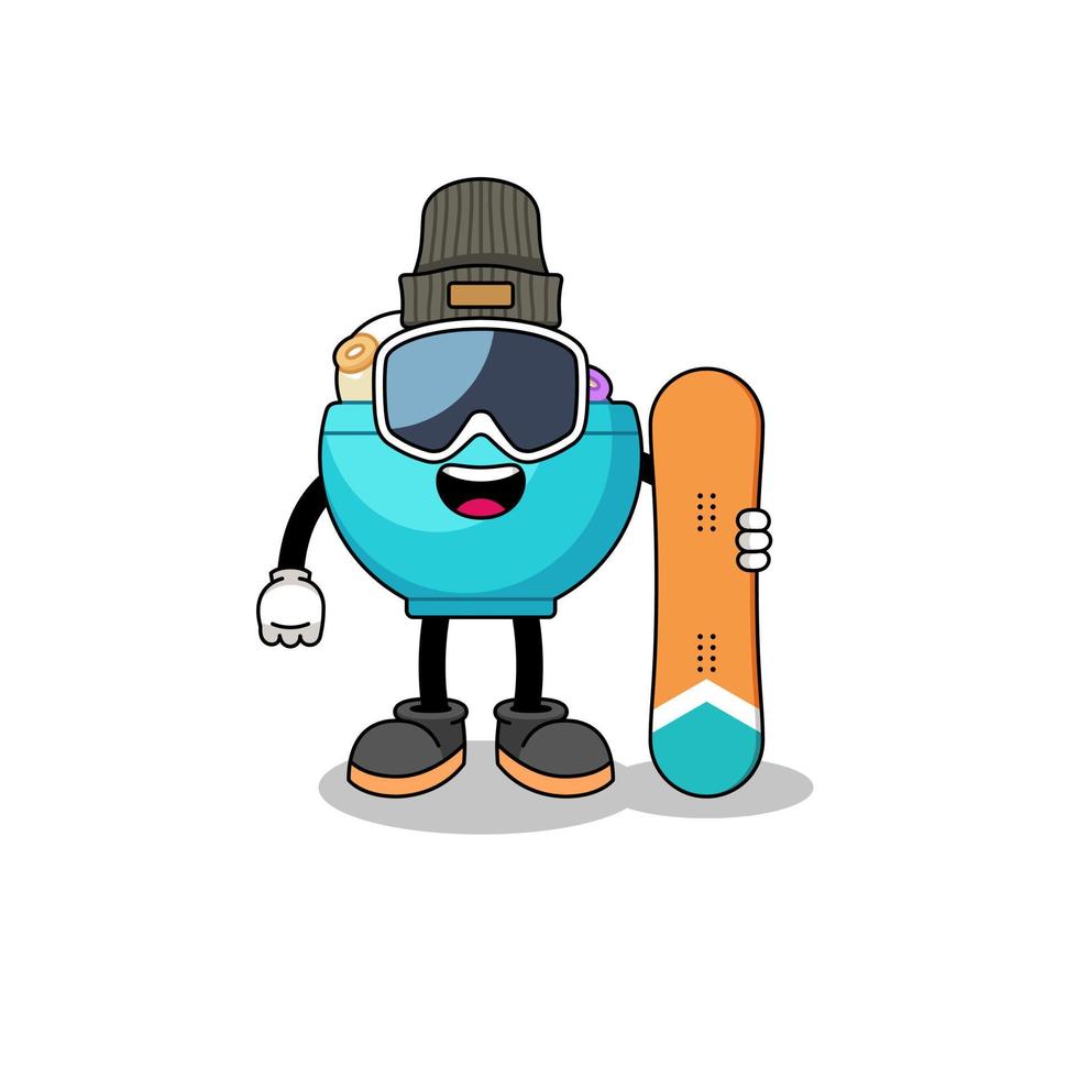 Mascot cartoon of cereal bowl snowboard player vector