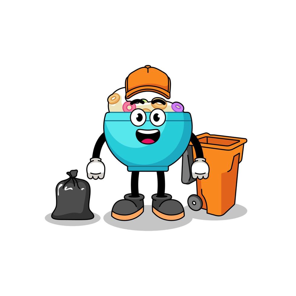 Illustration of cereal bowl cartoon as a garbage collector vector