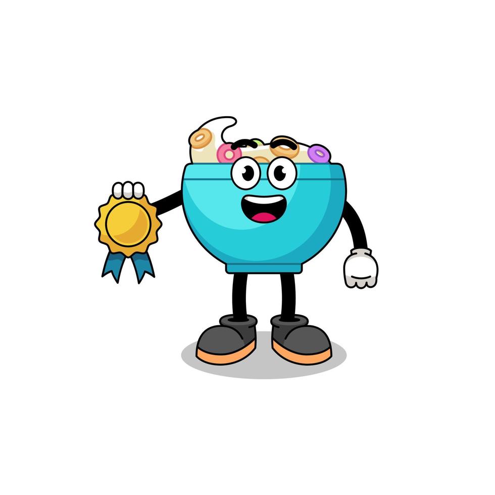 cereal bowl cartoon illustration with satisfaction guaranteed medal vector