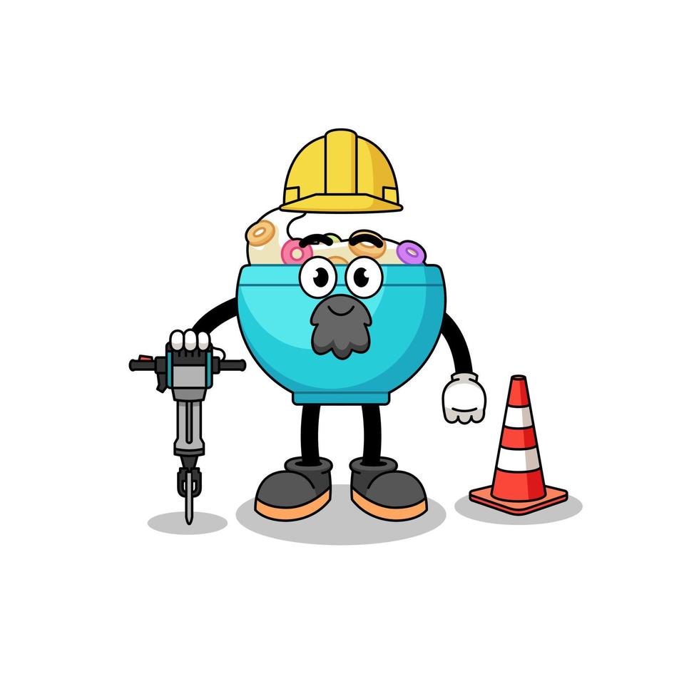 caricatura de personaje de tazón de cereal trabajando en la construcción de carreteras vector