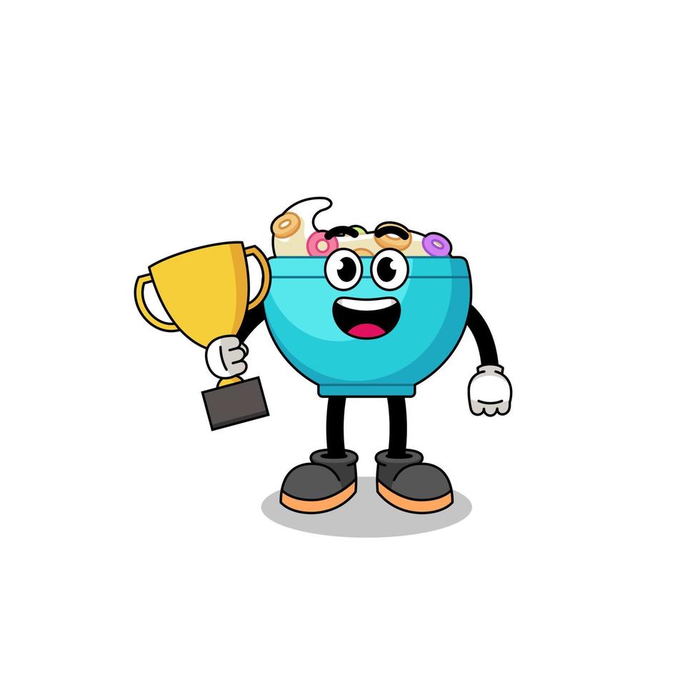 Cartoon mascot of cereal bowl holding a trophy vector