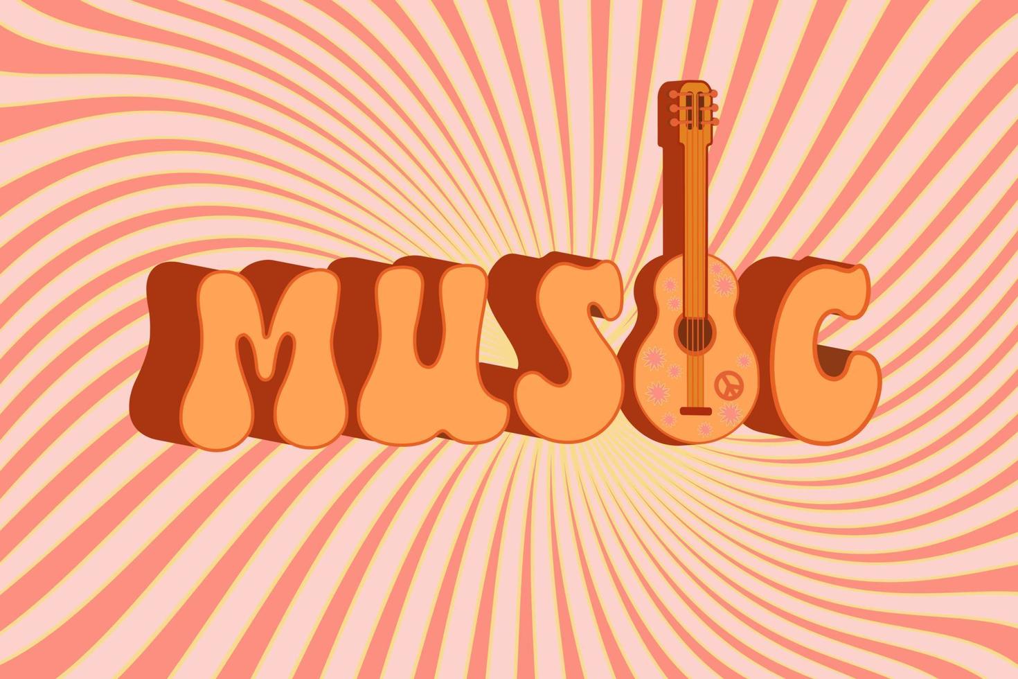 música genial guitarra retro con flores. estilo hippie. diseño de arte antiguo. instrumento musical. dibujos animados. ilustración vectorial sobre un fondo alegre. vector