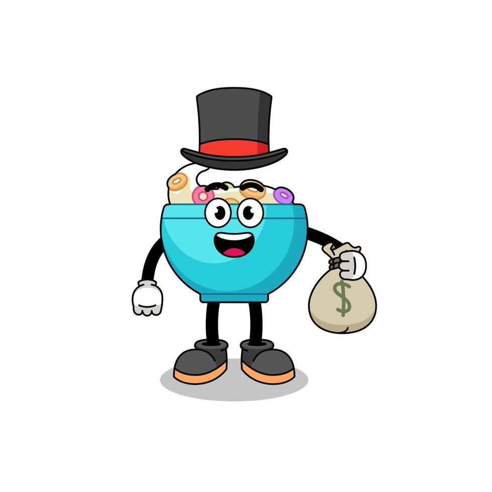 cereal bowl mascot illustration rich man holding a money sack vector