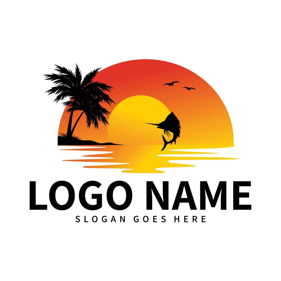 logotipo de puesta de sol y playa con silueta de pez marlín saltando del agua, utilizado para viajes de verano y logotipo vectorial de la agencia de viajes. vector