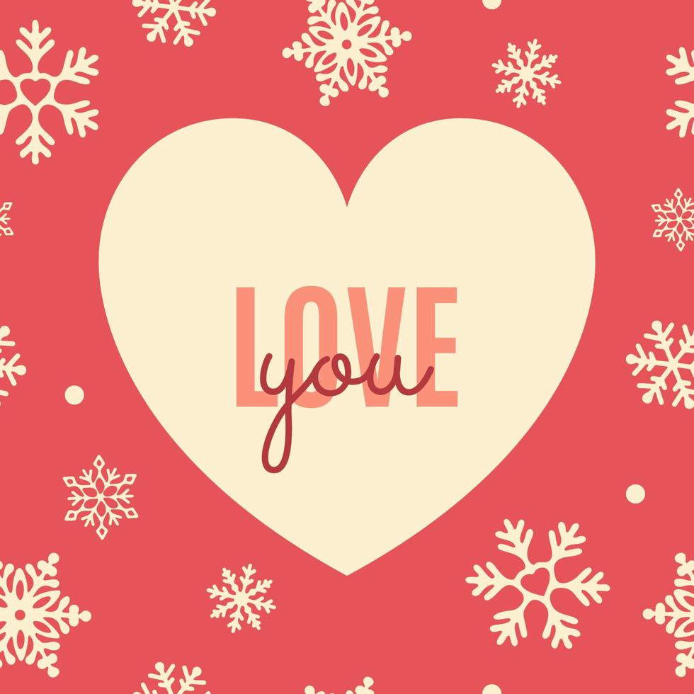 Winter card I love you. Heart on a red background with a pattern of Snowflakes. Concept of the holiday, Valentine's Day and Christmas. Vector illustration.