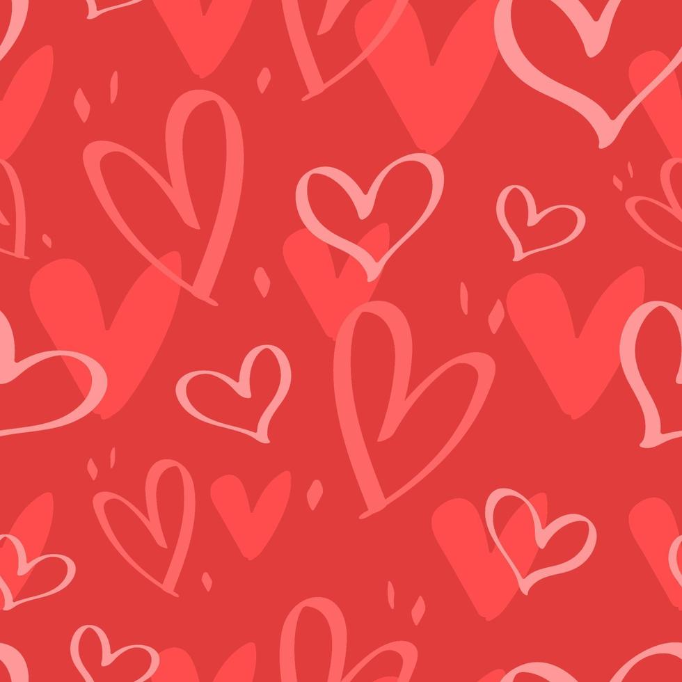 Seamless pattern with hand drawn Hearts. Ready template for design postcards, print, poster, Valentine's day. Colorful doodle Hearts on red background. Vector illustration.