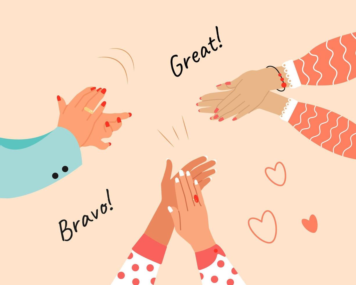 Women's Hands Clapping. Concept of happy Audience appreciation, congratulate Applause. Flat vector illustration.