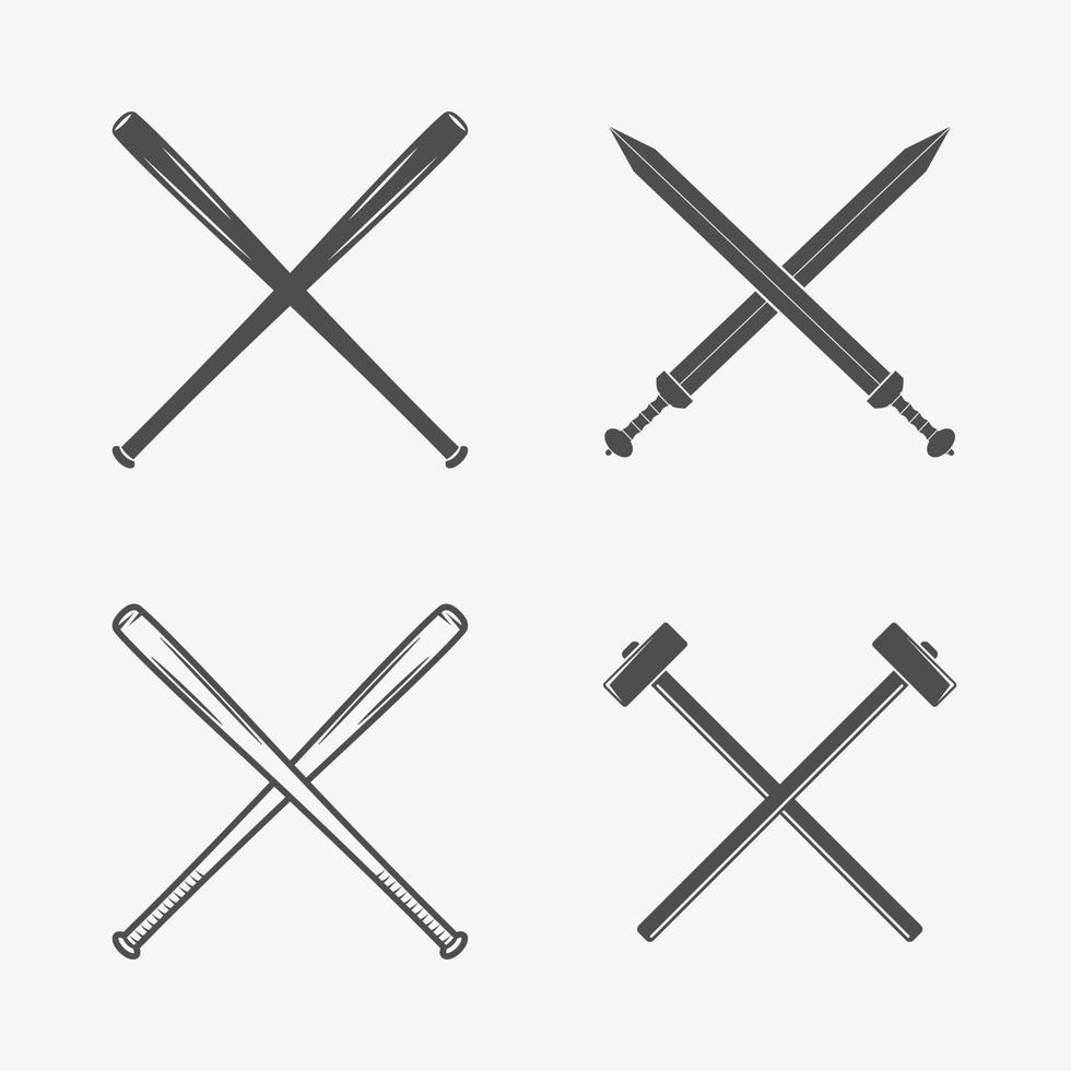 Set of vintage cross weapons in retro style. Bats, swords, hammers. Vector illustration. Monochrome Graphic Art.