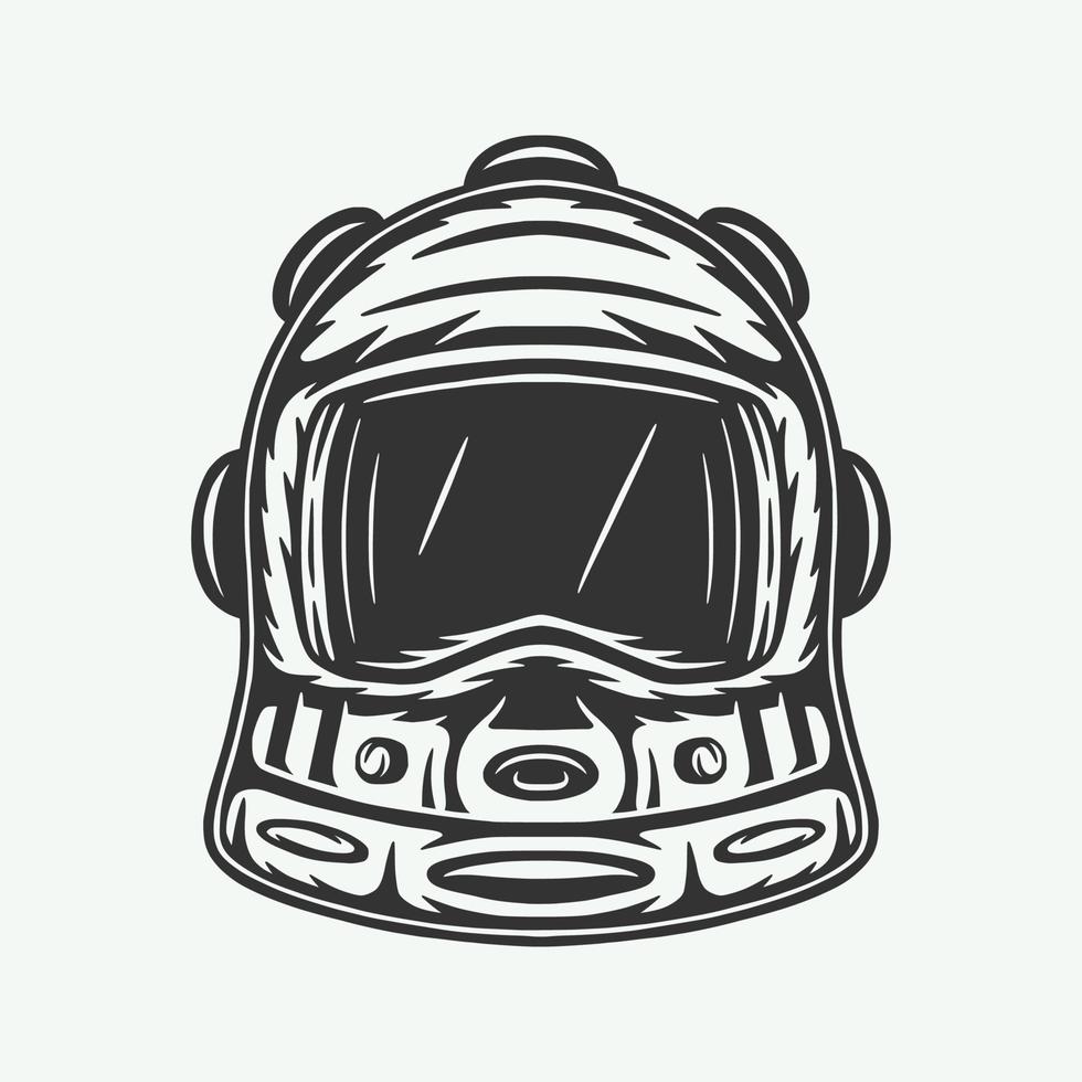 Casco de astronauta espacial grabado en madera retro vintage. se puede usar como emblema, logotipo, insignia, etiqueta. marca, cartel o impresión. arte gráfico monocromático. vector. vector