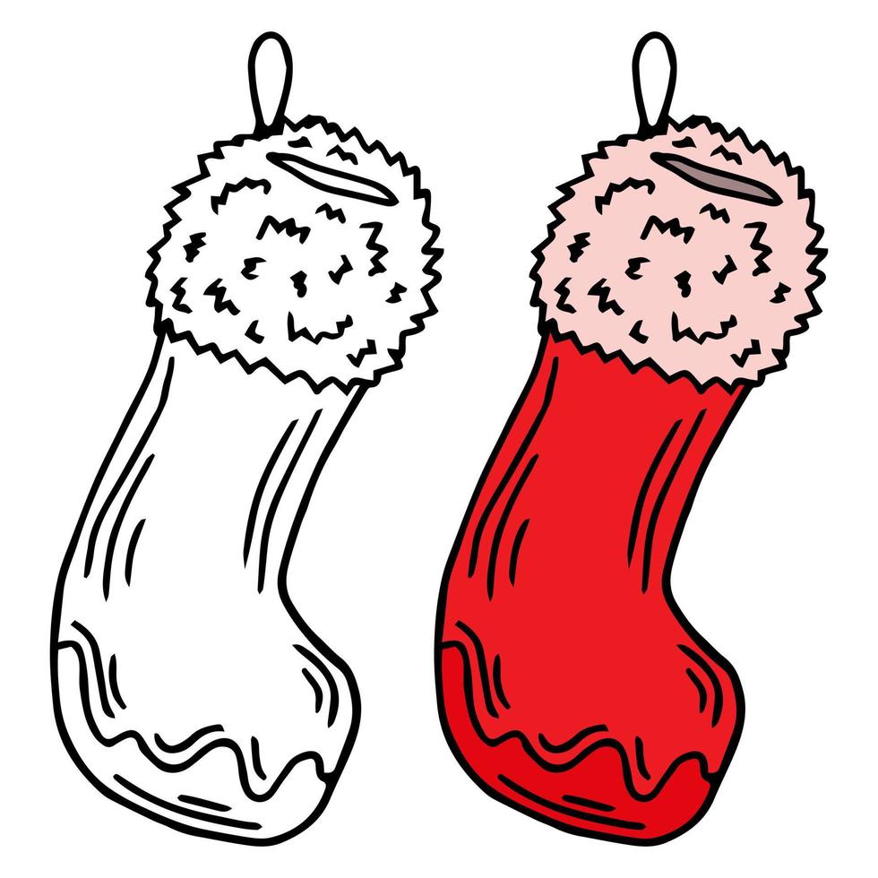 Empty christmas stocking isolated on white. Decorative red sock with white fur and patches. Vector illustration