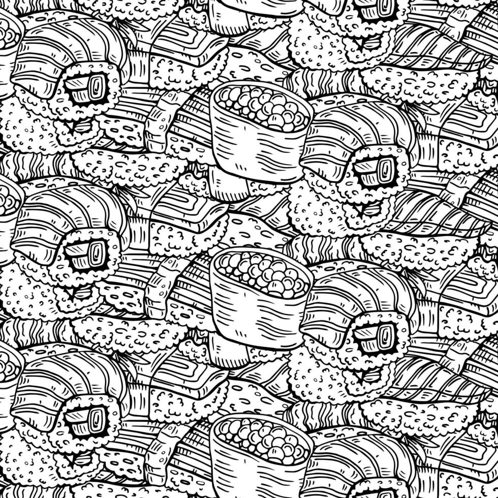 Vector pattern with hand drawn sushi and rolls on white color. Pattern on the theme of Japanese food. Background for use in design, web site, packing, textile, fabric, wallpaper