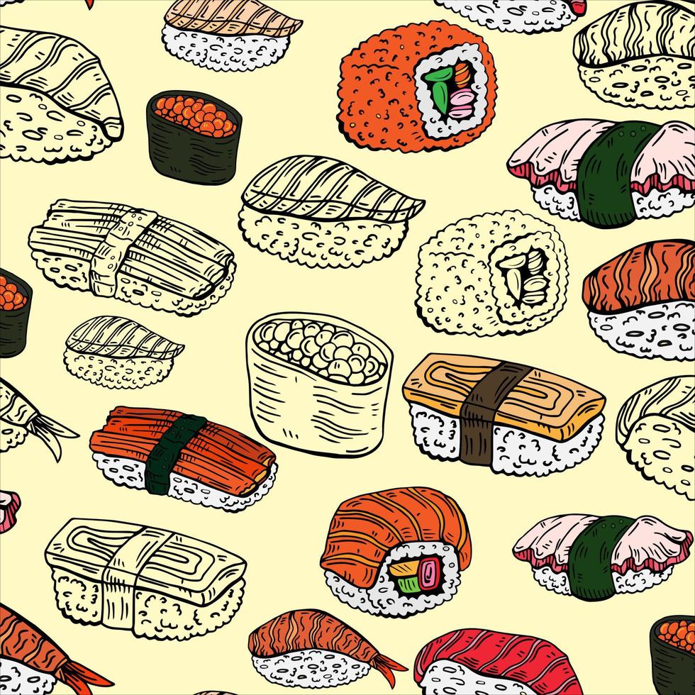 Sushi and rolls pattern isolated on white background vector