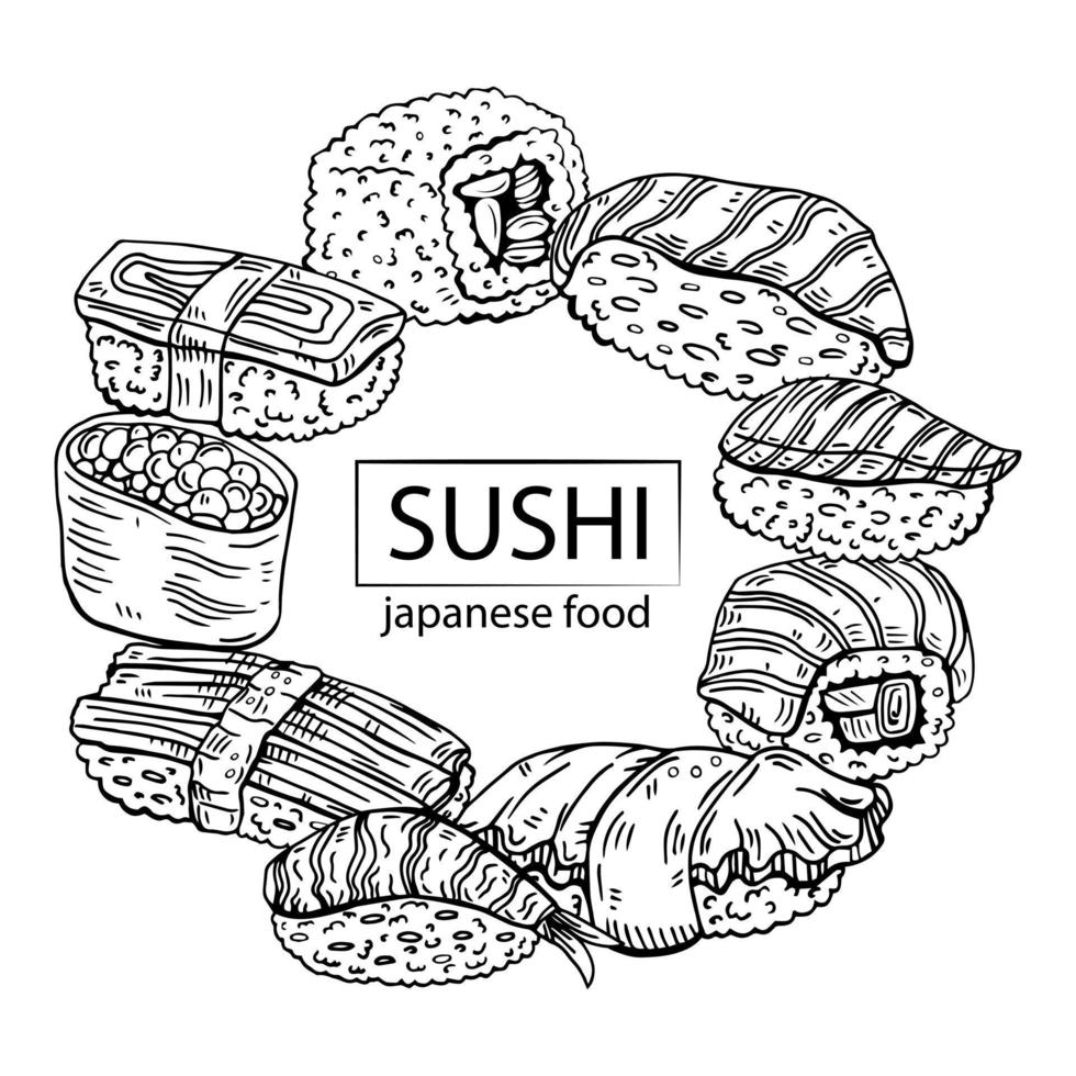 Sushi frame template with space for text. Japanese cuisine isolated on white background. Vector illustration, clip art