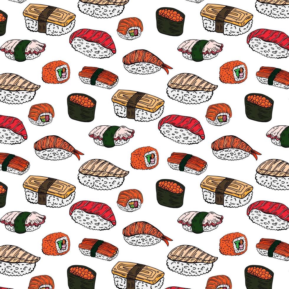 Sushi and rolls pattern isolated on white background vector