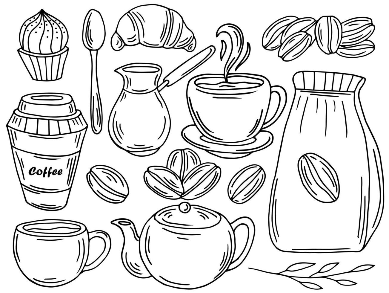 lindos iconos de cafetería de dibujos animados de garabatos. contorno vectorial dibujado a mano para el café y la panadería para el menú del café, incluido el artículo de suministro y el equipo aislado en el fondo blanco. estilo de dibujo vector