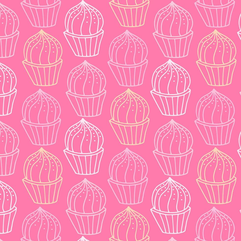 patrón sin costuras con diferentes cupcakes sobre un fondo blanco. pasteles dulces decorados con corazones, cerezas, flores y estrellas. vector