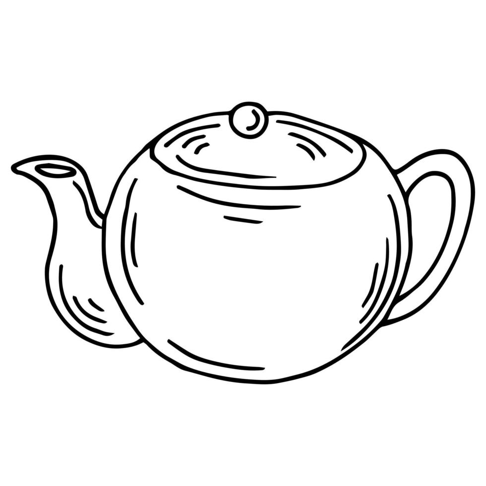 Outline teapot doodle. Hand drawn silhouette of vintage kettle. Teatime vector item isolated on white. Black line tea ceremony object