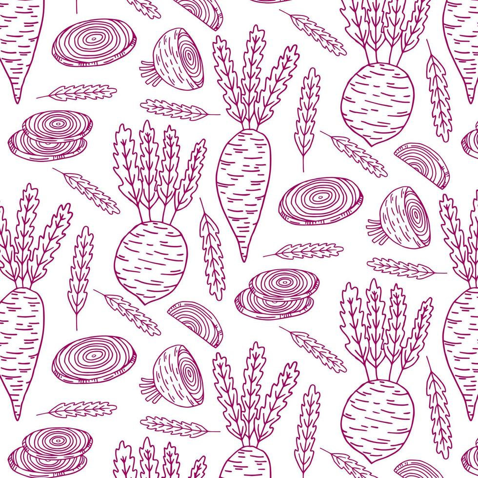 Hand-drawn beetroot pattern. Black and white vector illustration