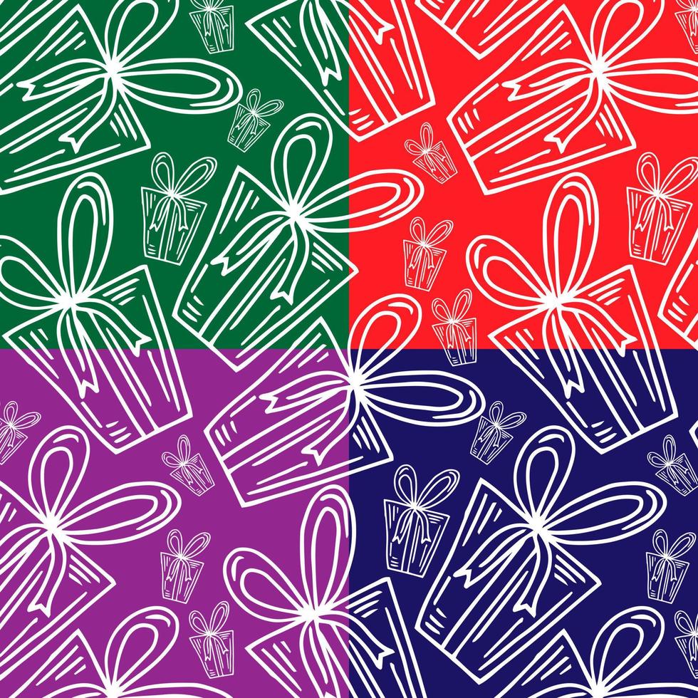 Seamless pattern of white simple line gift boxes on different colorful backdrop vector